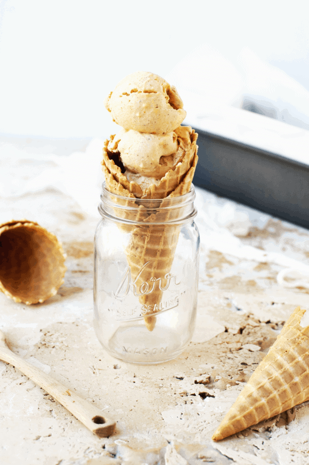 Creamy No Churn Pumpkin Ice Cream | This no churn ice cream is incredibly easy, and turns out very flavorful and creamy. It’s easy for kids to make, too. There are only seven ingredients, and it requires one bowl. Grab the recipe below and enjoy! || The Butter Half #icecream #homemadeicecream #nochurnicecream #easyicecream #pumpkinrecipes #thebutterhalf