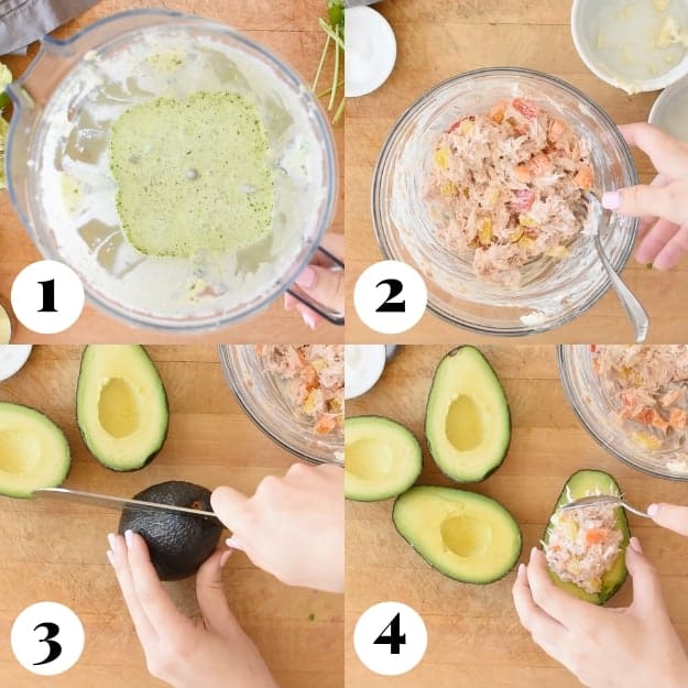 These tuna stuffed avocados with cilantro lime dressing take only 15 minutes to make and taste incredibly fresh and satisfying. They are pocket-friendly, too.  All you need are five wholesome ingredients, plus the dressing. The cilantro lime dressing is fresh, and has a tart and delicious flavor that pairs well with many recipes. Make them for a healthy dinner or lunch that is simple and nourishing. || The Butter Half #avocado #easylunch #dinner #easyrecipe #lunchideas #thebutterhalf