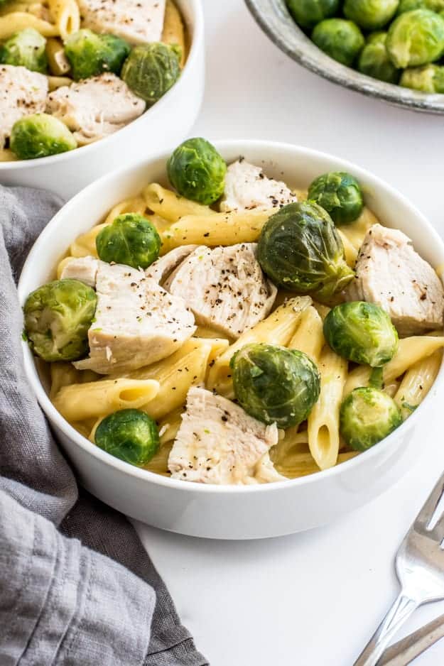 Bowl if chicken, pasta and Brussels sprouts