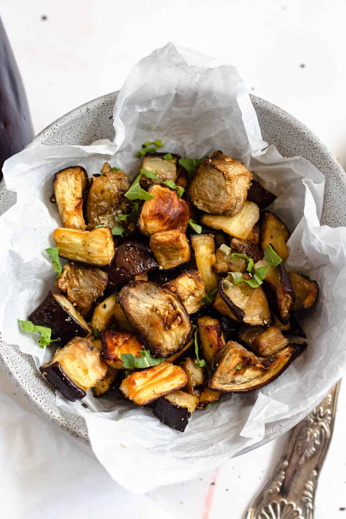 roasted eggplant in a serving bowl