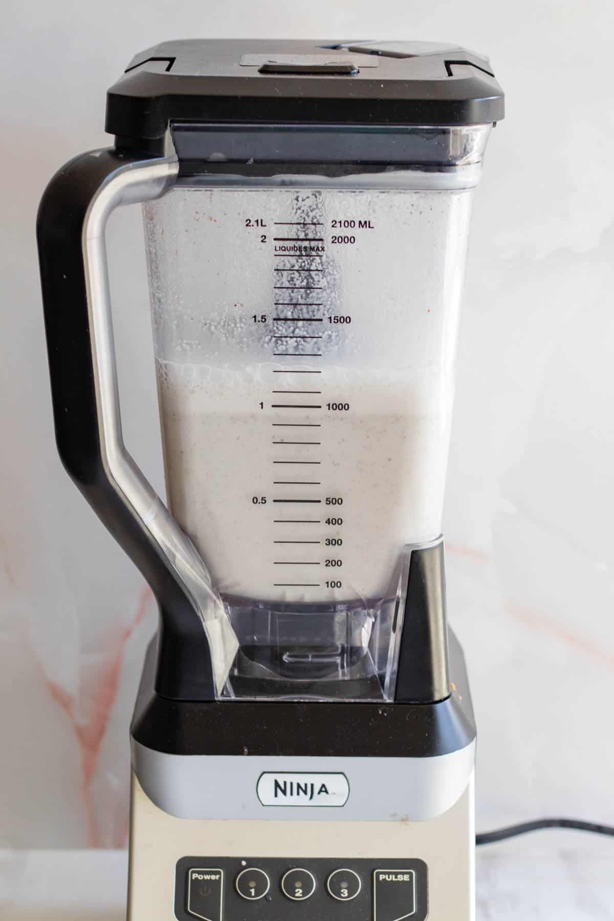 hemp milk ingredients in blender with light colored background